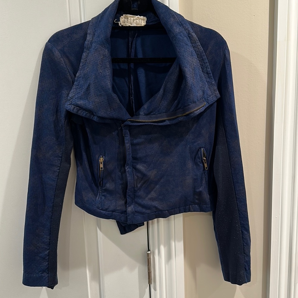 Georgie blue distressed zip up moto jacket size s
